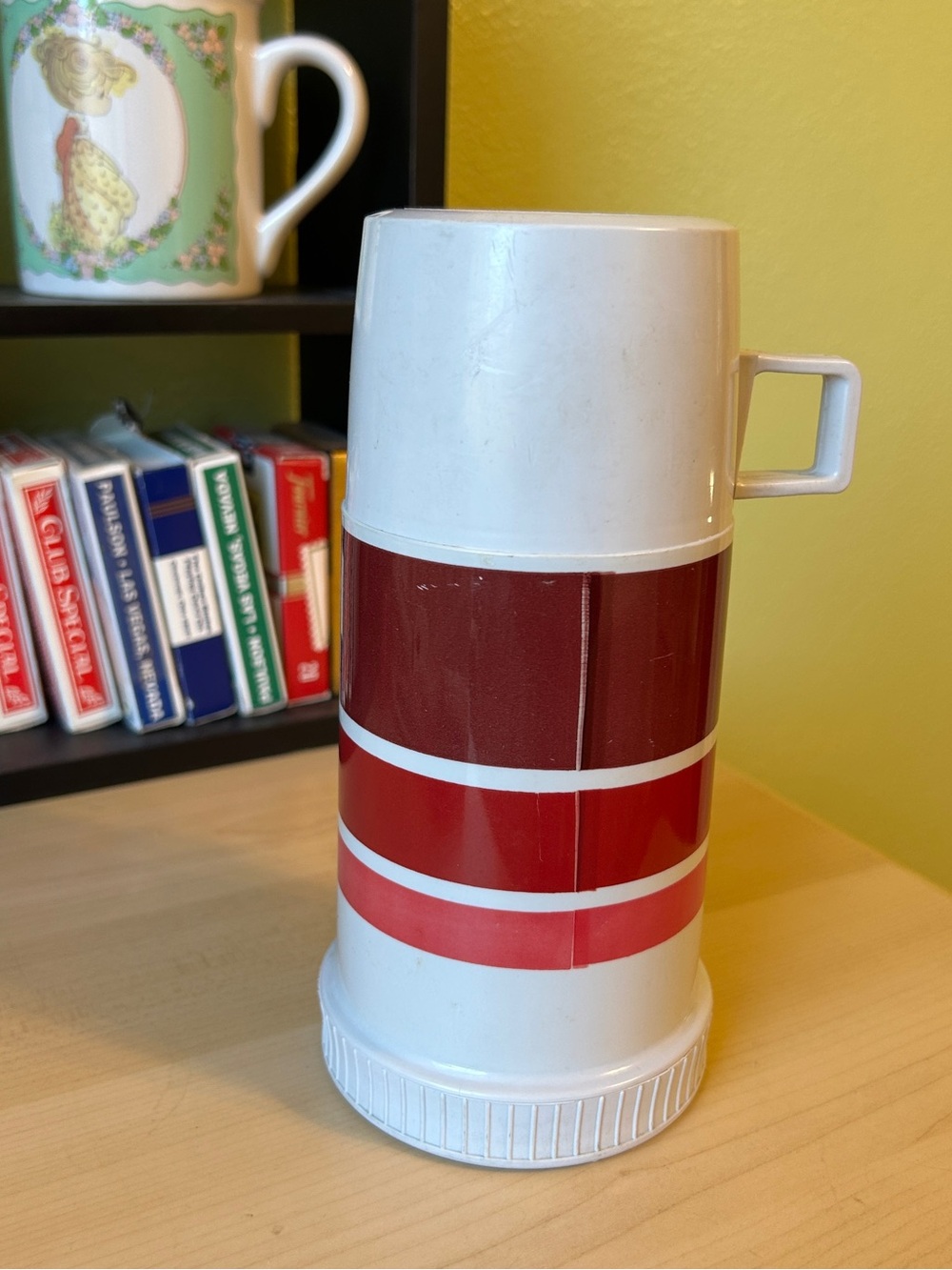 Vintage 70’s Thermos White Mug with Red and Maroon Stripe Bands